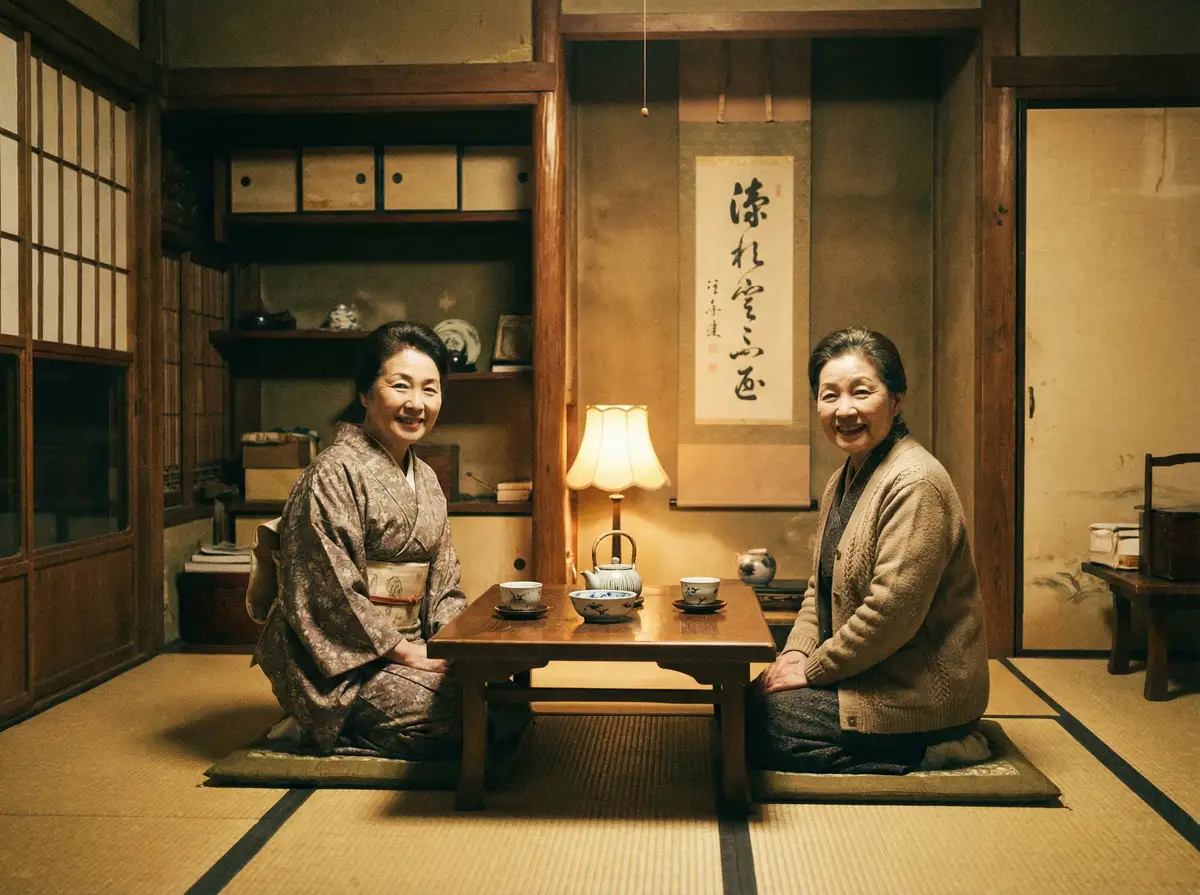 两位优雅的 雅虎体育平台 在日式茶室中品茶交谈